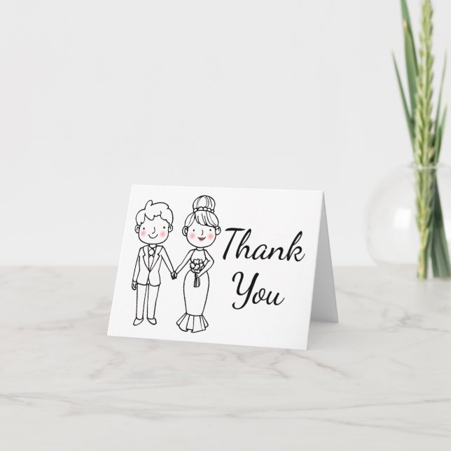 Bride Groom Cartoon Black White Wedding Thank You Card (Front)