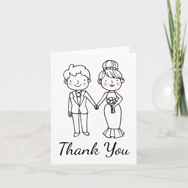 Bride Groom Cartoon Vintage Wedding Thank You Card (Front)