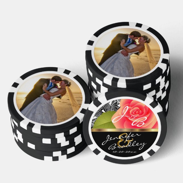 Bride & Groom Coral Rose Wedding Design Poker Chips (Stack)