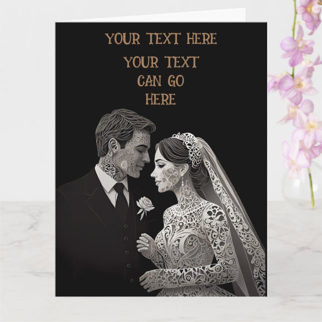 Bride & Groom Delicate White on Black Card (Orchid)