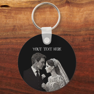 Bride & Groom Delicate White on Black Key Ring