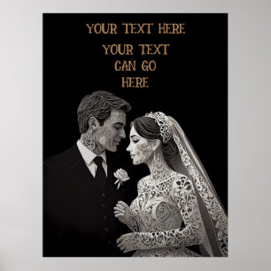 Bride & Groom Delicate White on Black Poster