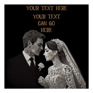 Bride & Groom Delicate White on Black Poster