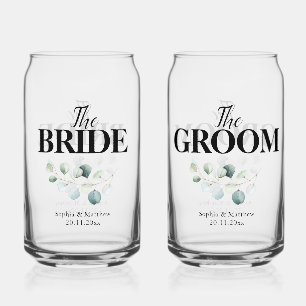 Bride Groom Eucalyptus Script Wedding Can Glass