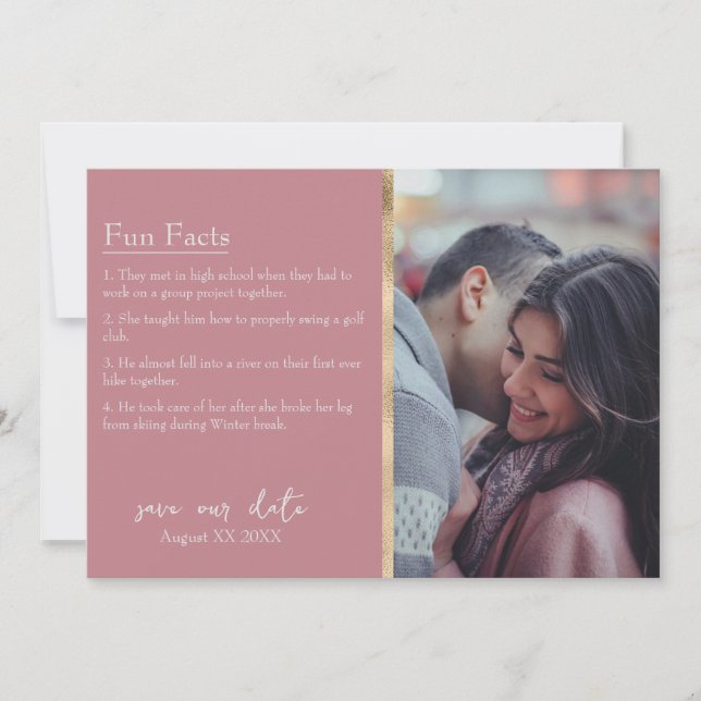Bride & Groom Facts Photo on Dusty Pink Invitation (Front)