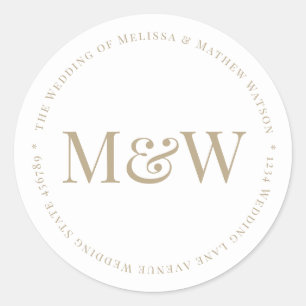 Bride Groom Gold Initials  Address White Classic Round Sticker