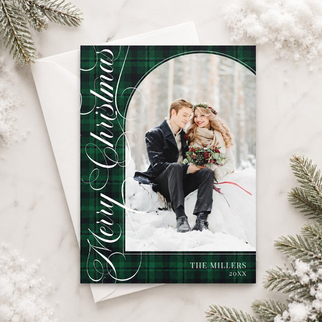 Bride & Groom Green Plaid Script Merry Christmas Holiday Card (Bride & Groom Green Plaid Script Merry Christmas Holiday Card)