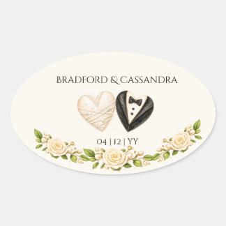 Bride Groom Heart Floral Custom Name Date Oval Sticker