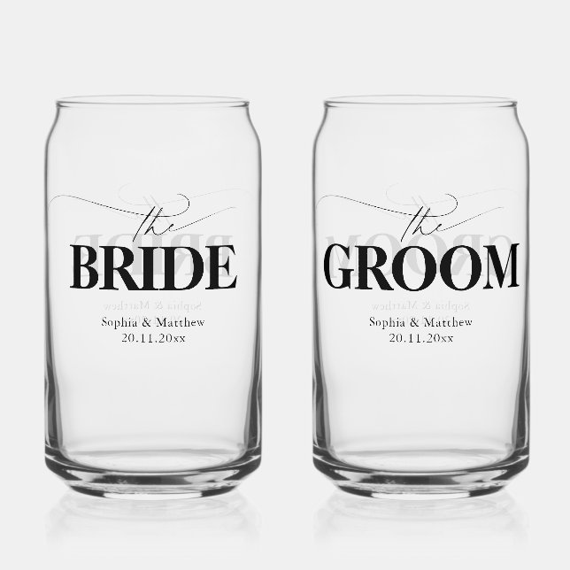 Bride Groom Modern Script Wedding Can Glass (Front)