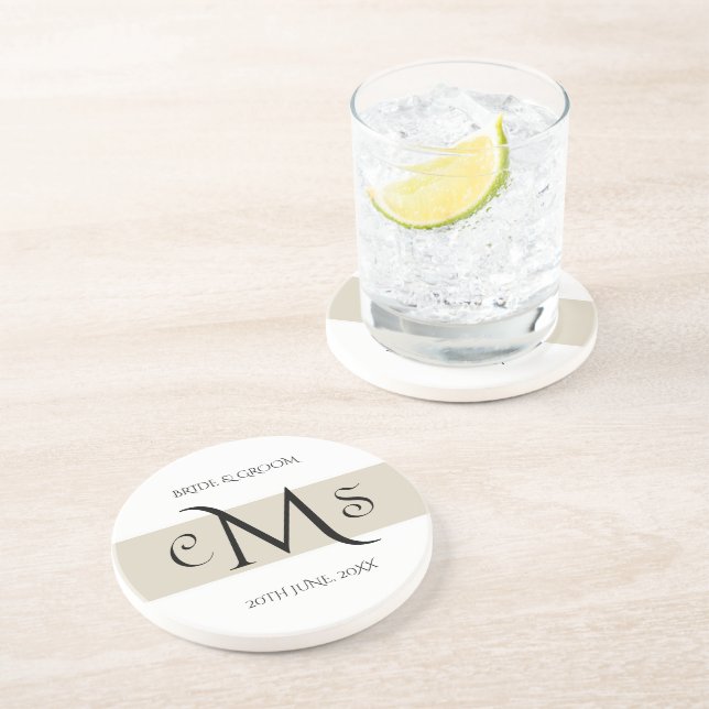Bride & Groom Monogram Sandstone Drink Coaster (Side)