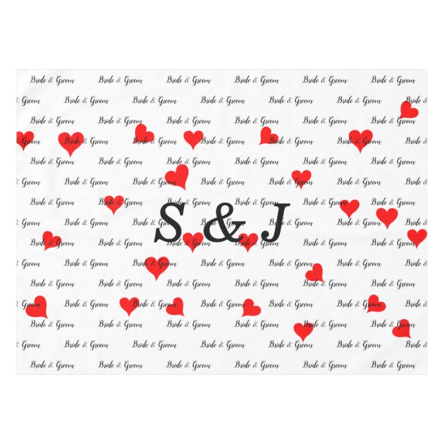 Bride Groom Monogram Typography Red Hearts  Tablecloth (Front (Horizontal))