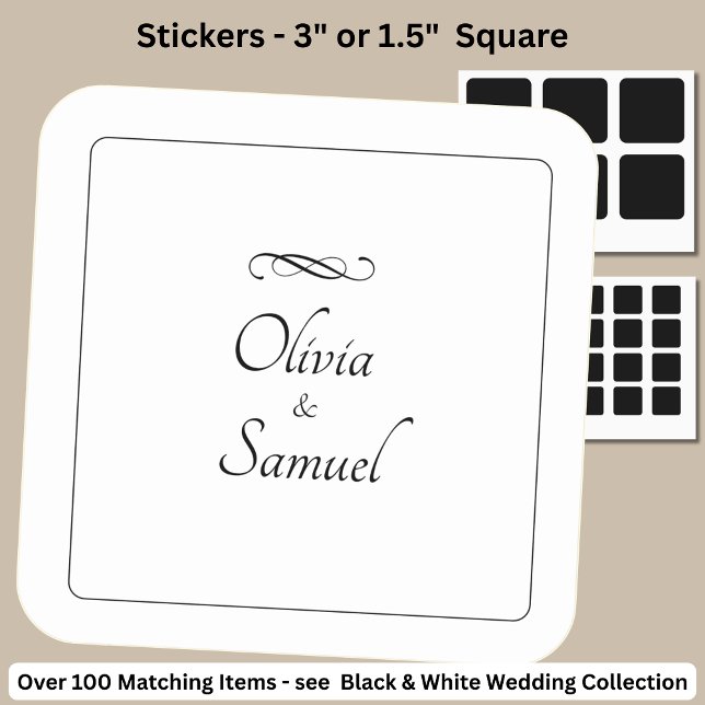 Bride & Groom Names Black White Infinity Scroll, Square Sticker (Creator Uploaded)