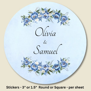Bride & Groom Names Blue Peony Classic Round Sticker