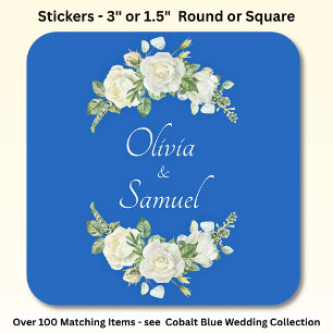 Bride & Groom Names Cobalt Blue & White Roses  Square Sticker