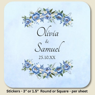 Bride & Groom Names & Date Blue Peony  Square Sticker