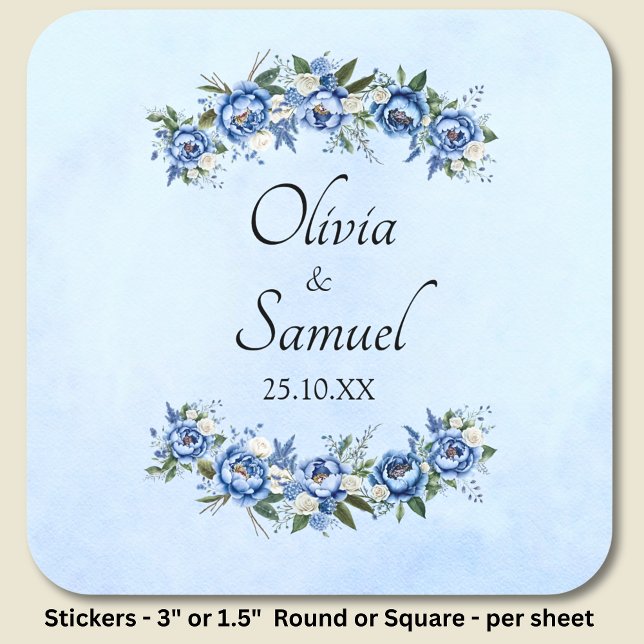 Bride & Groom Names & Date Blue Peony  Square Sticker (Creator Uploaded)