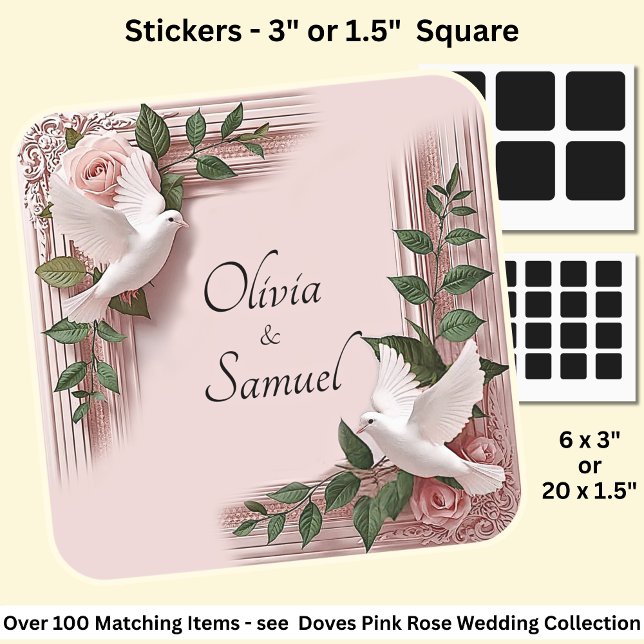 Bride & Groom Names Doves & Pink Roses Square Sticker (Creator Uploaded)