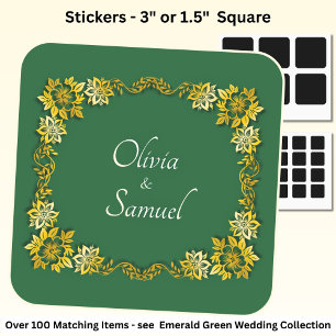 Bride & Groom Names Emerald Green & Gold Square Sticker