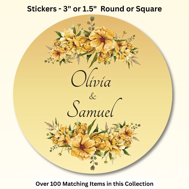 Bride & Groom Names Golden Yellow Flowers Classic Round Sticker (Creator Uploaded)