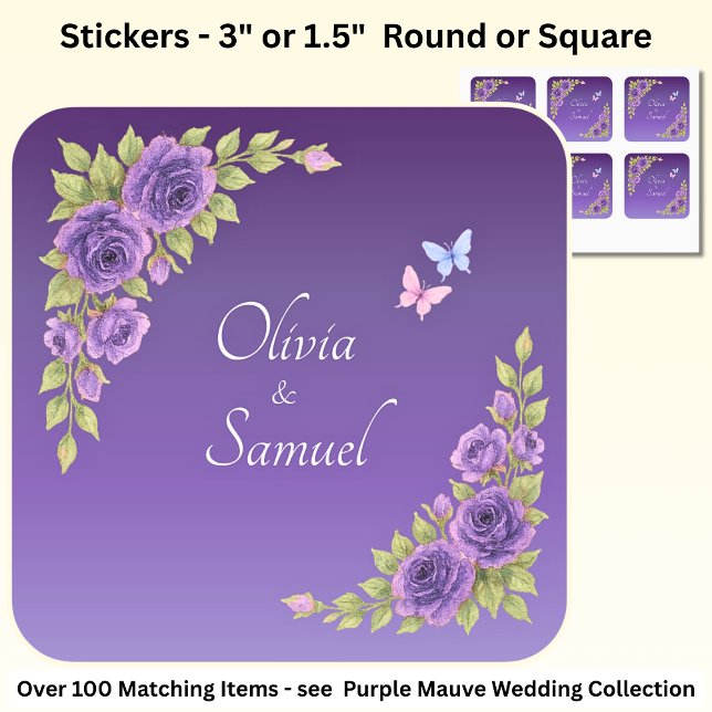 Bride & Groom Names Purple Mauve Flowers & White Square Sticker (Creator Uploaded)