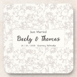 Bride & Groom on white floral Wedding Party Coaster