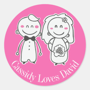 Bride & Groom Personalised Pink & White Wedding Classic Round Sticker
