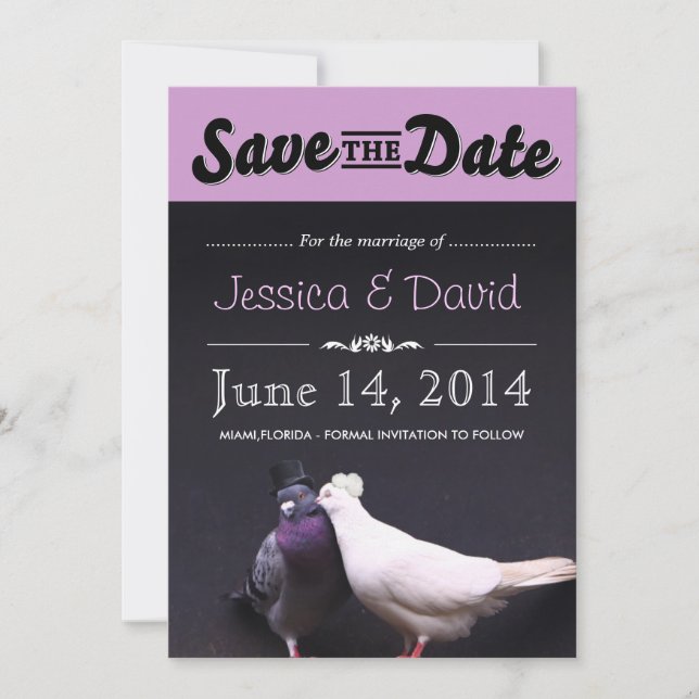 Bride & Groom Pigeons Save the Date Announcement (Front)
