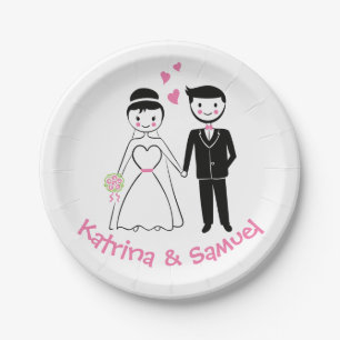 Bride Groom Pink Black Cartoon Wedding Paper Plate