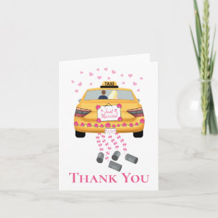 Bride Groom Pink Yellow Taxi Just Married Wedding Thank You Card