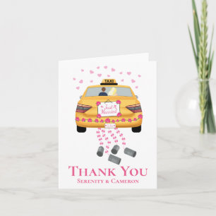 Bride Groom Pink Yellow Taxi Just Married Wedding Thank You Card