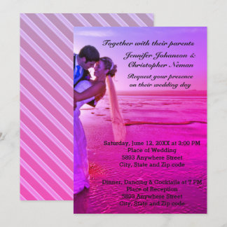 Bride & Groom Purple Sunset Beach Wedding Invite