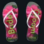 Bride Groom Rose Geranium Flip Flops<br><div class="desc">Pretty Rose Geranium Women's pink floral Flip Flops for the newlywed couple. With the wording in a nice green colour, Bride Groom and Date of Marriage (PERSONALIZE with your Wedding DATE, or delete text). Perfect for your honeymoon or beach destination wedding, and keepsake item. Original Photography by TamiraZDesigns. Visit my...</div>