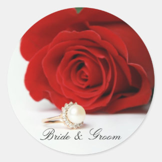 Bride & Groom Round Stickers with red Rose