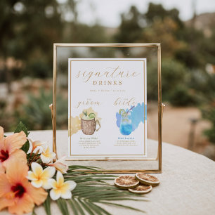 Bride & Groom Signature Drinks Watercolor Cocktail Poster