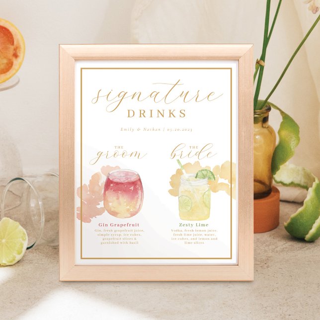 Bride & Groom Signature Drinks Watercolor Cocktail Poster (Creator Uploaded)