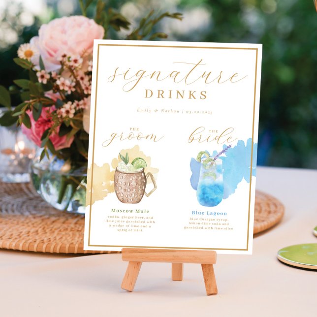 Bride & Groom Signature Drinks Watercolor Cocktail Poster (Bride & Groom Signature Drinks Watercolor Cocktail Poster)