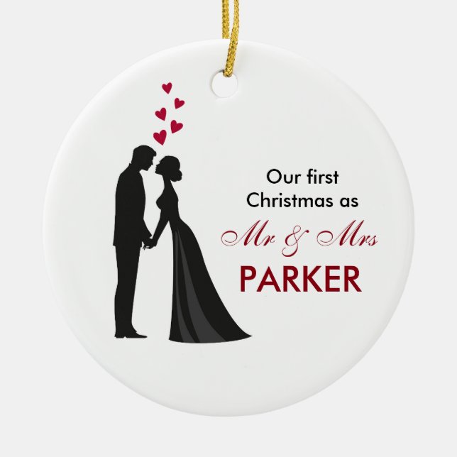 Bride groom silhouette christmas tree ornament (Front)