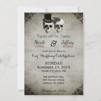 Bride & Groom Skull Goth Rustic Wedding Invitation