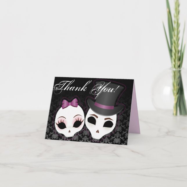 Bride & Groom Skullies (Violet) "Thank You" Thank You Card (Front)