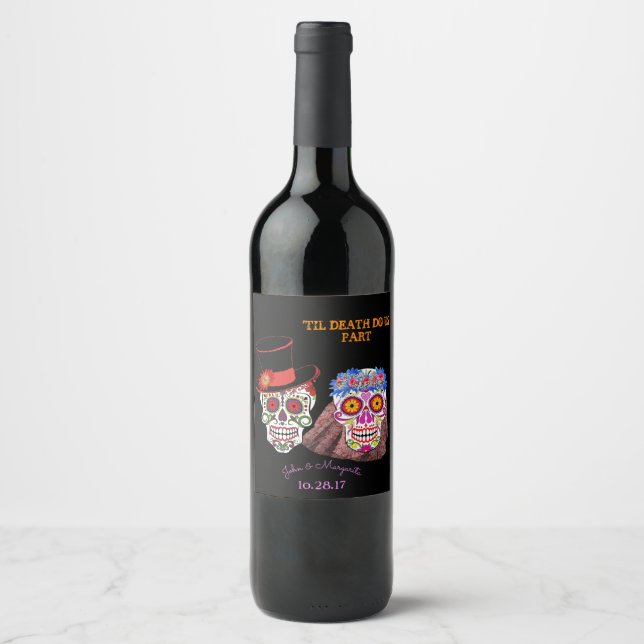 Bride & Groom Skulls Till Death Do Us Party Shower Wine Label (Front)