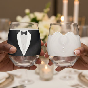 Bride & Groom Suit Wedding Dress Mr. & Mrs Stemless Wine Glass