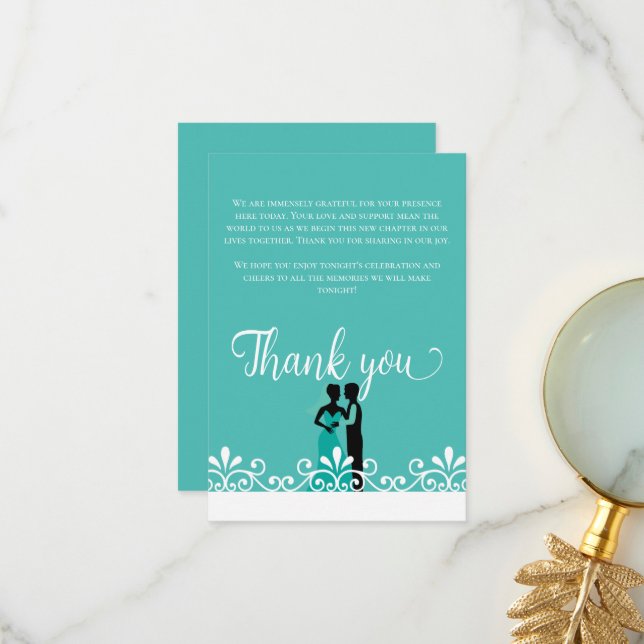 Bride Groom Teal White Elegant Wedding Thank you (Front/Back In Situ)