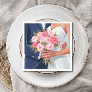 Bride & Groom Wedding Bouquet Watercolor Painted Napkin