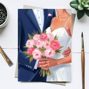 Bride & Groom Wedding Bouquet Watercolor Painted Postcard