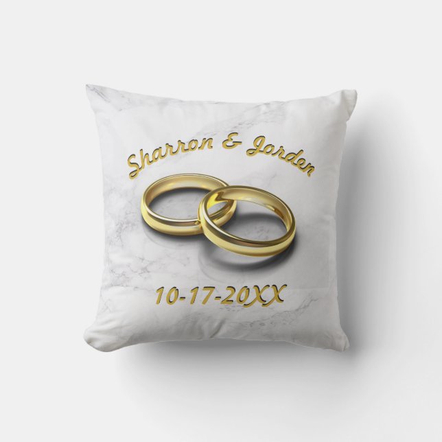Bride & Groom Wedding Date Gold Rings Personalised Cushion (Front)