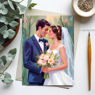 Bride & Groom Wedding Newlyweds Watercolor Postcard