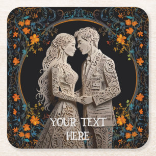 Bride & Groom Wedding Personalised  Square Paper Coaster