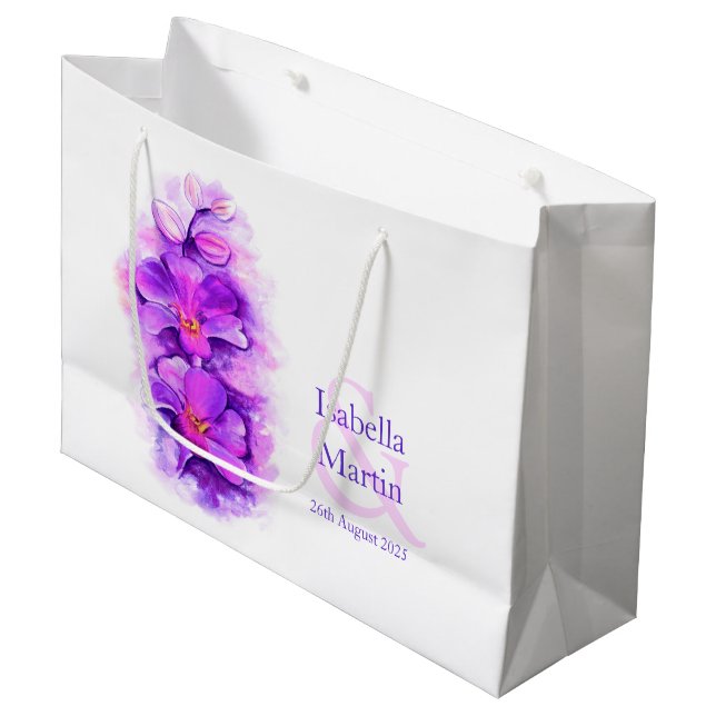 Bride groom's purple orchid wedding favour gift ba large gift bag (Front Angled)