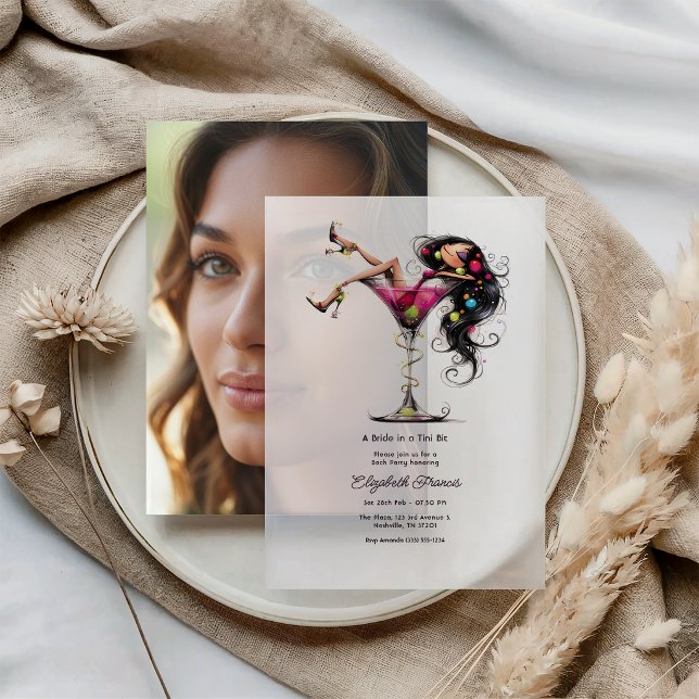 Bride in a Tini Bit Whimsical Pink Martini Bach Vellum Invitations (Bride in a Tini Bit Whimsical Pink Martini Bach Vellum Invitations)