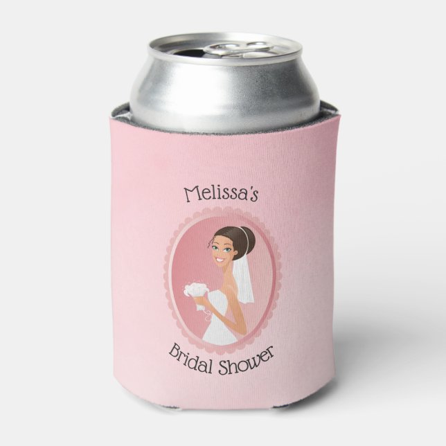 Bride in a Veil Holding Flowers Bridal Shower Can Cooler (Can Front)